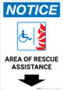 Notice: Area Of Rescue Assistance with ADA Fire Icon and Down Arrow Portrait