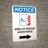 Notice: Area Of Rescue Assistance with ADA Fire Icon and Right Arrow Portrait