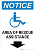 Notice: Area Of Rescue Assistance with ADA Icon Down Arrow Portrait