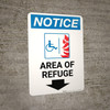Notice: Area of Refuge with ADA Fire Icon and Down Arrow Portrait