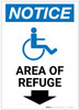Notice: Area of Refuge with ADA Icon Down Arrow Portrait - Label