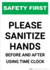 Safety First: Sanitize Hands Before & After Using Time Clock Portrait - Wall Sign Safety First: Sanitize Hands Before & After Using Time Clock Portrait - Wall Sign