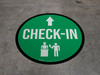 Check-In Straight Ahead Arrow with Icon Circular - Floor Sign Check-In Straight Ahead Arrow with Icon Circular - Floor Sign