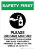 Safety First: Please Use Hand Sanitizer and Think About Hand Hygiene Portrait - Wall Sign
