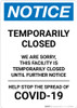 Notice: Temporarily Closed - Facility Closed Until Further Notice Portrait - Wall Sign Notice: Temporarily Closed - Facility Closed Until Further Notice Portrait - Wall Sign