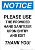 Notice: Please Use Provided Sanitizer Upon Entry and Exit - Thank You! Portrait - Wall Sign