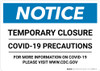 Notice: Temporary Closure - Covid-19 Precautions Landscape - Wall Sign Notice: Temporary Closure - Covid-19 Precautions Landscape - Wall Sign