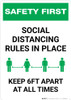 Safety First: Social Distancing Rules In Place Portrait - Wall Sign