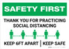 Safety First: Thank You For Practicing Social Distancing - Keep 6Ft Apart Landscape - Wall Sign Safety First: Thank You For Practicing Social Distancing - Keep 6Ft Apart Landscape - Wall Sign