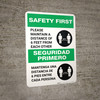 Safety First: Please Maintain A Distance Of 6 Feet Bilingual Spanish with Icon Portrait - Wall Sign