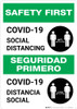 Safety First: COVID-19 Social Distancing Bilingual Spanish with Icon Portrait - Wall Sign Safety First: COVID-19 Social Distancing Bilingual Spanish with Icon Portrait - Wall Sign