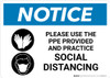 Notice: Please Use the PPE Provided and Practice Social Distancing with Icons Landscape - Wall Sign