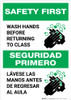 Safety First: Wash Hands Before Returning To Class Bilingual Spanish with Icon Portrait - Wall Sign