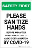 Safety First: Sanitize Hands Before & After Using Time Clock COVID-19 Portrait - Label