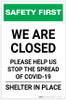 Safety First: We Are Closed - Please Help Us Stop the Spread of Covid-19 Portrait - Label Safety First: We Are Closed - Please Help Us Stop the Spread of Covid-19 Portrait - Label