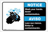 Notice: Wash Your Hands Avoid Contamination Bilingual Spanish with Icon ANSI Landscape - Label