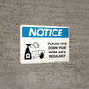 Notice: Please Wipe Down Work Area with Icon Landscape - Wall Sign Notice: Please Wipe Down Work Area with Icon Landscape - Wall Sign