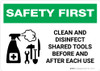 Safety First: Clean And Disinfect Shared Tools with Icon Landscape - Wall Sign