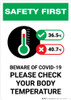 Safety First: Please Check Your Body Temperature Beware of COVID with Icon Portrait - Wall Sign