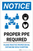 Notice: Proper PPE Required Social Distancing with Icons Portrait - Label Notice: Proper PPE Required Social Distancing with Icons Portrait - Label