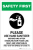 Safety First: Please Use Hand Sanitizer - Before and After Handling Raw Food with Icon Portrait - Label Safety First: Please Use Hand Sanitizer - Before and After Handling Raw Food with Icon Portrait - Label
