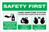 Safety First: Bilingual Spanish Hand Sanitizing Station 3-Steps with Icons Landscape - Label