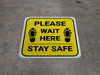 Please Wait Here Stay Safe Shoe Prints Yellow Square - Floor Sign