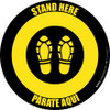 Stand Here Parate Aqui Shoe Prints Bilingual Spanish Yellow/Black Circular - Floor Sign Stand Here Parate Aqui Shoe Prints Bilingual Spanish Yellow/Black Circular - Floor Sign