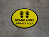 Stand Here Parate Aqui Shoe Prints Bilingual Spanish Black Border Circular - Floor Sign Stand Here Parate Aqui Shoe Prints Bilingual Spanish Black Border Circular - Floor Sign