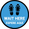Wait Here Espere Aqui Shoe Prints Bilingual Spanish Blue Circular - Floor Sign