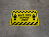 Wait Here Espere Aqui Shoe Prints Bilingual Spanish Hazard Stripes Yellow Rectangle - Floor Sign