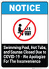 Swimming Pool, Hot Tubs, and Saunas Closed Due to COVID-19 - We Apologize - Wall Sign