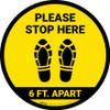 Please Stop Here 6 Ft Apart Shoe Prints Yellow Circular - Floor Sign