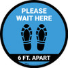 Please Wait Here 6 Ft Apart Shoe Prints Blue Circular - Floor Sign