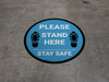 Please Stand Here Stay Safe Shoe Prints Blue Circular - Floor Sign