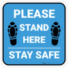 Please Stand Here Stay Safe Shoe Prints Blue Square - Floor Sign