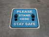 Please Stand Here Stay Safe Shoe Prints Blue Square - Floor Sign