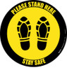 Please Stand Here Stay Safe Shoe Prints Yellow Black Border Circular - Floor Sign