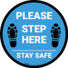 Please Step Here Stay Safe Shoe Prints Blue Circular - Floor Sign Please Step Here Stay Safe Shoe Prints Blue Circular - Floor Sign