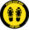 Please Step Here Stay Safe Shoe Prints Yellow Black Border Circular - Floor Sign Please Step Here Stay Safe Shoe Prints Yellow Black Border Circular - Floor Sign