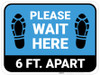 Please Wait Here 6 Ft Apart Shoe Prints Blue Rectangle - Floor Sign