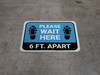 Please Wait Here 6 Ft Apart Shoe Prints Blue Rectangle - Floor Sign