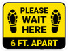 Please Wait Here 6 Ft Apart Shoe Prints Yellow Rectangle - Floor Sign