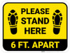 Please Stand Here 6 Ft. Apart Shoe Prints Yellow Rectangle - Floor Sign