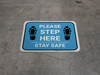 Please Step Here Stay Safe Shoe Prints Blue Rectangle - Floor Sign