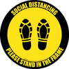 Social Distancing Please Stand In The Frame Shoe Prints Yellow Black Border - Circular - Floor Sign