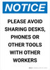 Notice: Please Avoid Sharing Desks Phones or Tools Portrait - Wall Sign