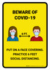 Beware Of COVID-19 with Icons Yellow Portrait - Wall Sign