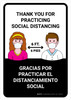 Thank You For Practicing Social Distancing Bilingual Spanish with Icons Landscape - Wall Sign