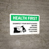 Health First: Disinfect Boots/Shoes Farm with Icon Landscape - Wall Sign Health First: Disinfect Boots/Shoes Farm with Icon Landscape - Wall Sign